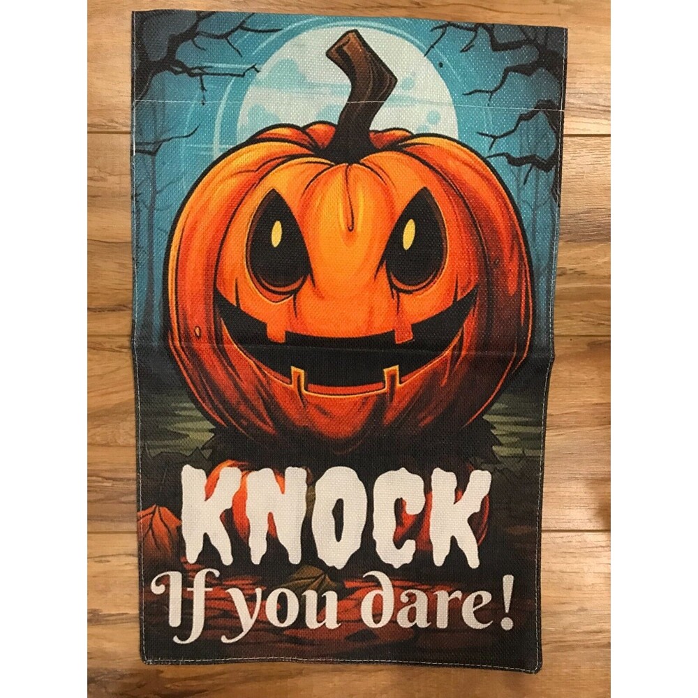 Garden Flag 12x18in Halloween Pumpkin Knock if you dare Burlap double sided